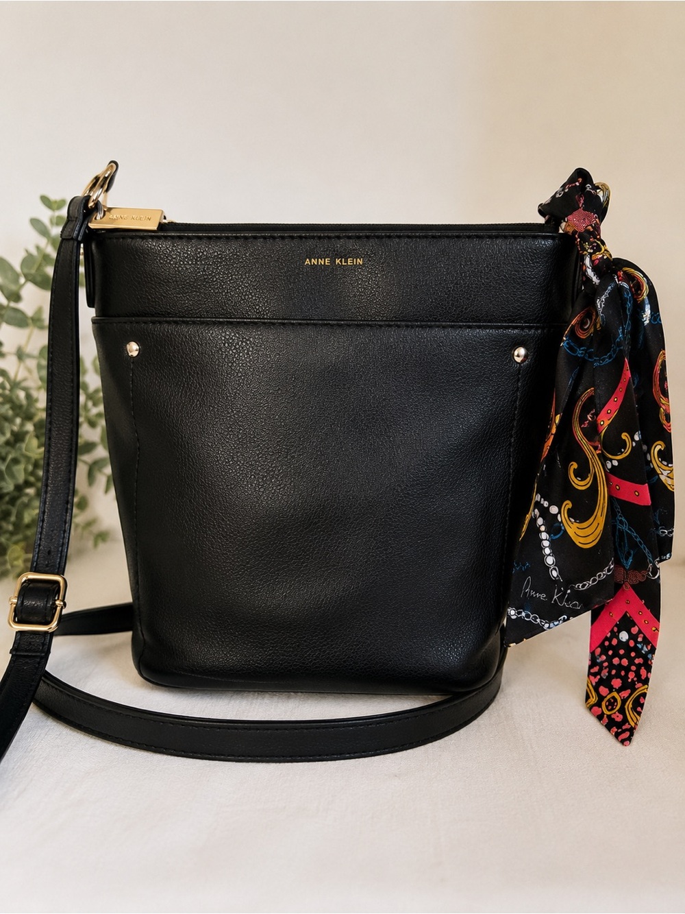 Anne Klein Black Crossbody Purse Gold Tone Hardware